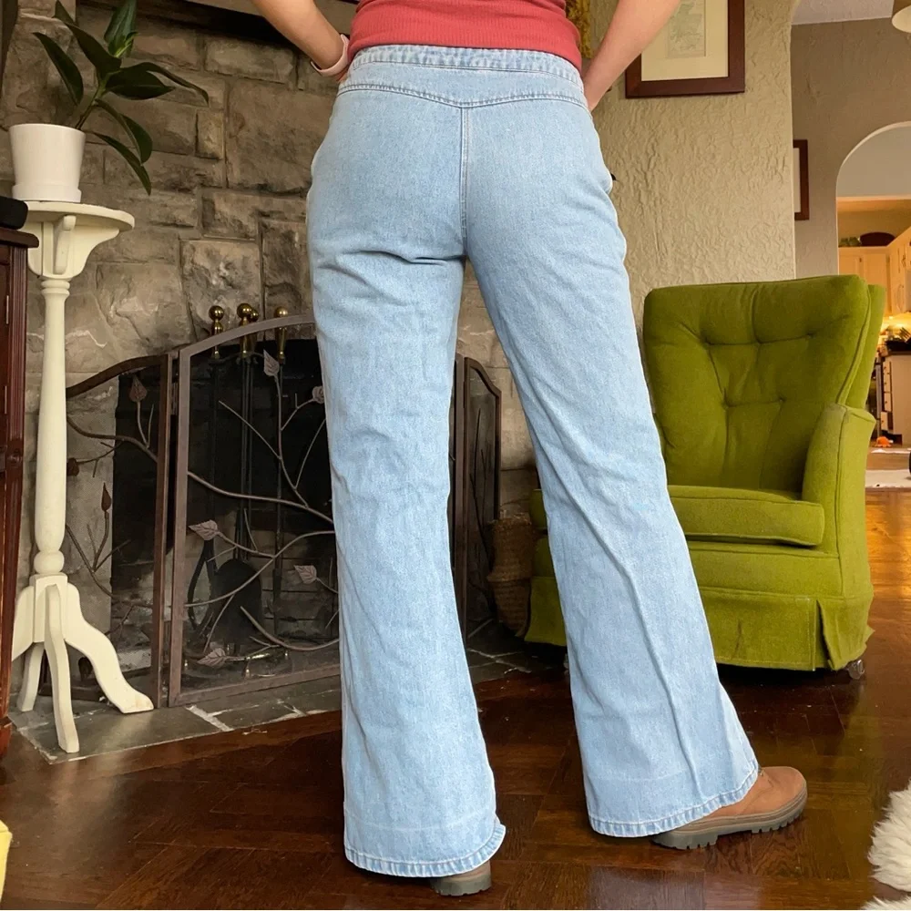 Y2K wide leg flare jeans light wash all cotton denim bare back yoke - Picture 2 of 8